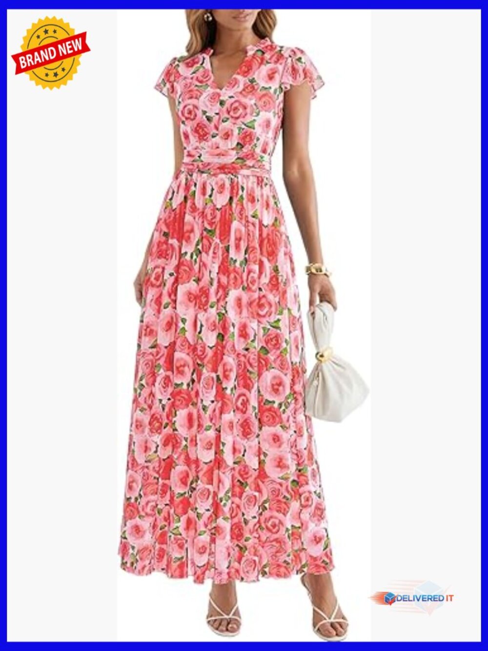 Flutter Short Sleeve V Neck Flowy Maxi Dress Beach Vacation